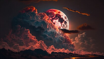 Wall Mural - Blood moon or red moon in the night time sky with clouds concept generative ai