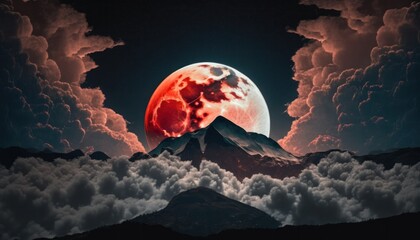 Wall Mural - Blood moon or red moon in the night time sky with clouds concept generative ai