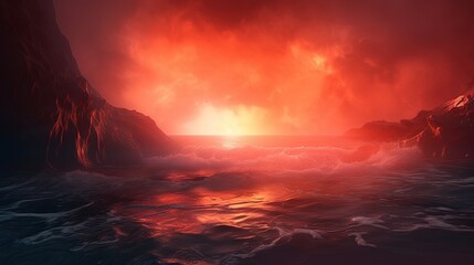 Wall Mural - a volcano erupts lava into the ocean at sunset