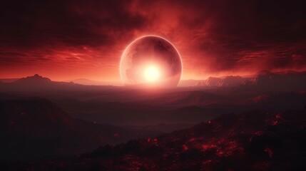 Wall Mural - a red sunset over a mountain range with a giant object in the distance. generative ai