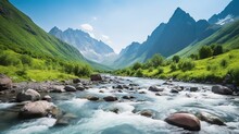  A River Flowing Through A Lush Green Valley Surrounded By Mountains.  Generative Ai