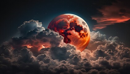Wall Mural - Blood moon or red moon in the night time landscape with clouds concept generative ai