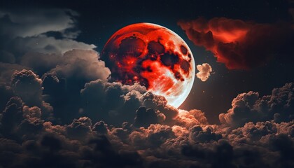Wall Mural - Blood moon or red moon in the night time landscape with clouds concept generative ai