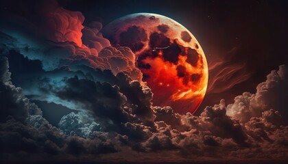 Wall Mural - Blood moon or red moon in the night time landscape with clouds concept generative ai