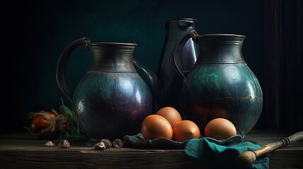  a painting of a pitcher and two vases with eggs.  generative ai