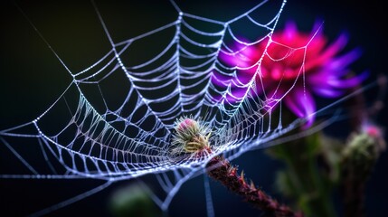  a close up of a spider web with flowers in the background.  generative ai