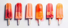 Panoramic view of isolated orange and strawberry popsicles on a white background. Generative AI
