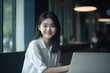 © AI Farm - Portait of Asian business woman smile with computer laptop. Generative AI