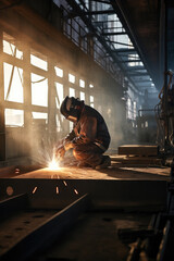 worker welds the metal hull of the ship in the shipyard , Ai generative