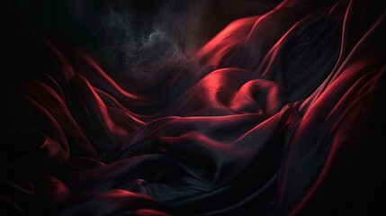  a dark background with red and black fabric and a black background.  generative ai