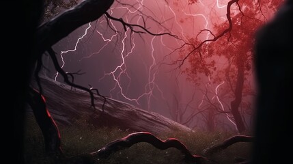 Poster -  a red light shines through the branches of a tree.  generative ai