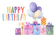 © Sunny_Smile - Group of hand drawn watercolor gift box in different wrapping papers and bows,balloons and handwritten'happy birthday'.Isolated aquarelle elements.Invitation greeting cards