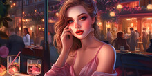 Anime Portrait Of A Beautiful European Girl, Beautiful Eyes, Glossy Skin, The Most Perfect Female Lips, Plump, With Intensive Application Of Pink Glossy Lipstick, Woman In Bar, Generative AI