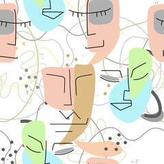 Wall Mural - Woman Face line. Abstract drawing seamless pattern