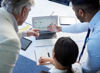 Wall Mural - The proof is in the numbers. Shot of a group of businesspeople discussing something on a laptop.