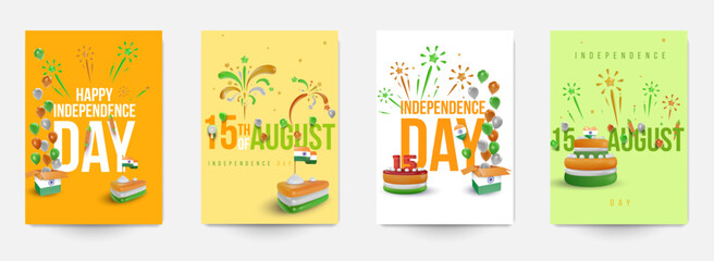Wall Mural - Set template design for independence day India. Collection creative festival composition in modern minimal 3d style. Holiday concept design for card, cover, poster, banner, flyer. Vector illustration.