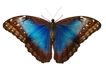 A large blue butterfly with its wings outstretched. 