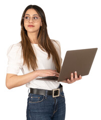 Online offer, portrait of Caucasian brunette woman online offer. Holding laptop, looking away, thinking. Standing over isolated transparent png. Panorama with copy space. Businesswoman using computer
