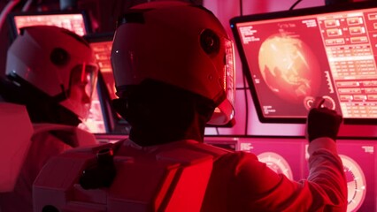 Wall Mural - Team of astronauts in a space suits aboard the Mars station. A crew of cosmonauts piloting the spaceship in space. Galactic travel and science.