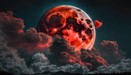 Wall Mural - Blood moon or red moon in the night time sky with clouds concept generative ai