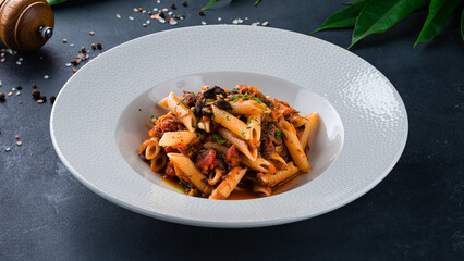 Poster - Lunch Penne pasta with tomatoes, meat, onions, herbs and spices.