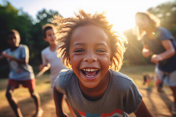 Young smiling boy in the summer camp, AI generated