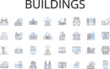 Fototapeta Miasto - Buildings line icons collection. Houses, Towers, Structures, Edifices, Skyscrapers, Residences, Apartments vector and linear illustration. Constructions,Mansions,Villas outline signs set Generative AI