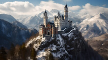 A Medieval Castle In A Cold And Snowy Mountain. Generative AI
