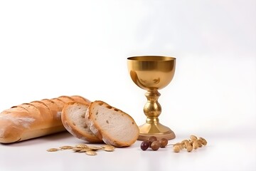 Sticker - Wallpaper Illustration and background of wine and bread, holy eucharist. Front View. Concept of Corpus Christi Celebration, Catholicism. Generative AI.
