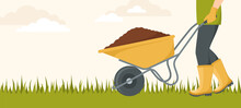 A Man In Rubber Boots And Gloves Carrying A Wheelbarrow With Soil On The Grass. Vector Illustration In Flat Style