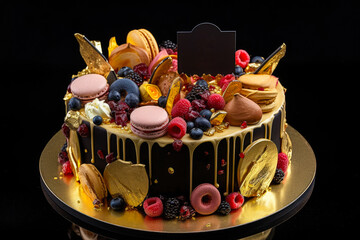 Wall Mural - A large gold birthday cake with different food decorations on top. Created with Generative AI.