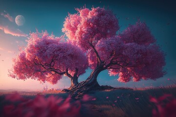 Wall Mural - The Radiant Beauty of the Pinkish Sakura Trees, a Dazzling Panorama of Natural Wonders against the Delightful Hues of the Bluish Sky  Generative AI	