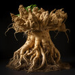 Magic mandrake root, close-up isolated on black, an attribute of witches and sorcerers, ai generative