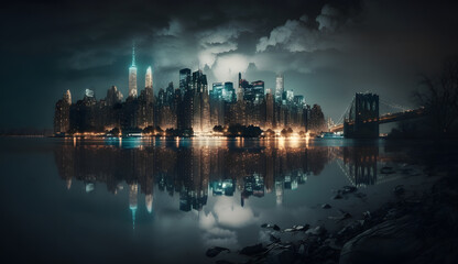 New York City at night time cityscape shot, stormy sky reflection of city, blue and gold lighting