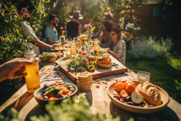 Young and happy people having festive lunch at the beautifully decorated table with healthy food in the garden AI generative art