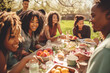 © Jasmina - Group of young and happy people having lunch at the beautifully decorated table with healthy food in the garden, AI generative art