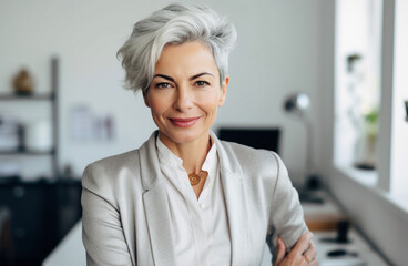 Portrait of a beautiful business woman in her 40s or 50s. The female is dressed in stylish clothes with short hair. Woman CEO, lawyer, real estate agent. Generative AI