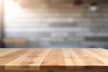 Wooden Tabletop With Blurred Background For Display Or Montage. Free Space Wood Table Top