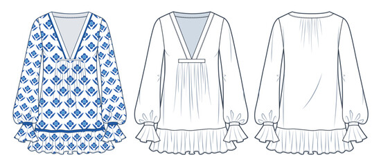 women's ruffled dress technical fashion illustration, floral design. mini tunic dress fashion flat t