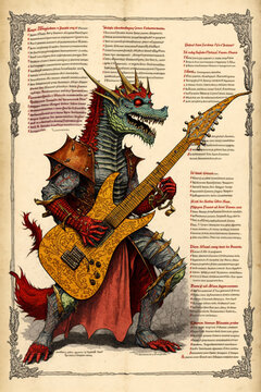 AI-Generated Renaissance Dragon Playing Guitar in Old Manuscript 