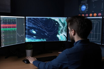 meteorologist monitoring weather forecast at monitor screen. workplace in meteorological department.