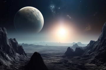 Wall Mural - surface of unknown planet with craters and mountains. rising star in sky against of lifeless planet 