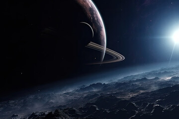 Wall Mural - surface of unknown planet with craters and mountains. rising star in sky against of lifeless planet 