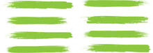 Green Brush Stroke Set Isolated On Background. Paint Brush Stroke Vector For Ink Paint, Grunge Design Element, Dirt Banner, Watercolor Design, Dirty Texture. Trendy Brush Stroke, Vector Illustration