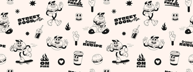 Poster - Burger retro cartoon fast food seamless pattern. Comic character, slogan, quotes and other elements for burger bar, cafe, restaurant. Groovy funky trendy vector illustration and background.