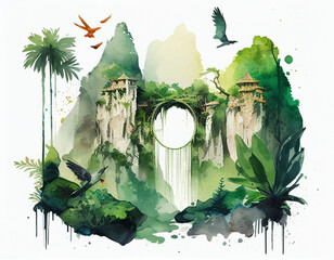 Wall Mural - A Watercolor of Ancient Jungle Ruins | Generative AI