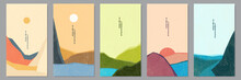 Vector Illustration. Japanese Linear Drawn Texture. Mountain Peaks, Water In Desert, Green Hills. Colorful Background. Asian Style. Design For Flyer, Phone Wallpaper, Voucher, Gift Card, Leaflet.