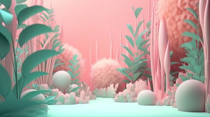 tropical pastel floral environment with blue, pink, and green background, cotton candy dream