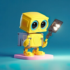 A yellow robot holding a camera and a light. AI generative.