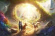An idyllic paradise for dogs and pets in a beautiful make-believe garden with a rainbow bridge, ethereal clouds, and nice sunlight. Concept of life after death for animals.